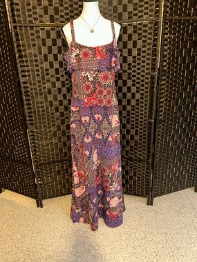 Nina Leonard Red, Blue & Pink Paisley Maxi Dress